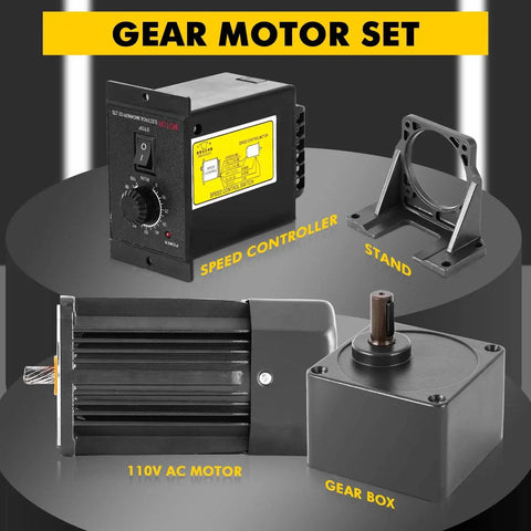 Heavy Duty 250W AC Motor With Gearbox And Bracket, Adjustable 0 To 45 RPM, 1 To 30 Gear Reducer, shown with speed controller and stand.