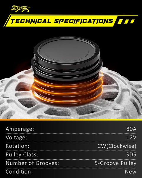 Upgraded Alternator For Chevy Spark 2016 Through 2022 1.4L L4 12V 80A Clockwise 5 Groove Pulley Fits Activ LS LT Models Reference 42527306 Replacement Part OE Grade Quality And Ready To Swap In For A Smooth Reliable Electrical System Upgrade with technical specifications shown.