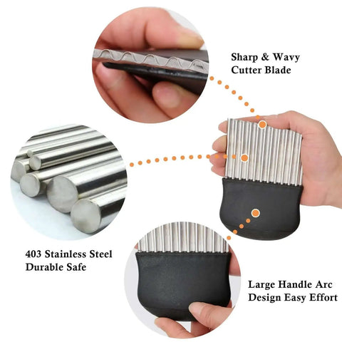Close-up of Crinkle Cutter Wavy Slicer For Fries And Veggies HTBMALL 430 Stainless Steel Knife With ABS Safe Handle, showing blade and handle.