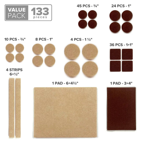 Premium Felt Furniture Pads Set 133 pieces for wood floors and laminate, showing various sizes in brown and beige to protect surfaces.