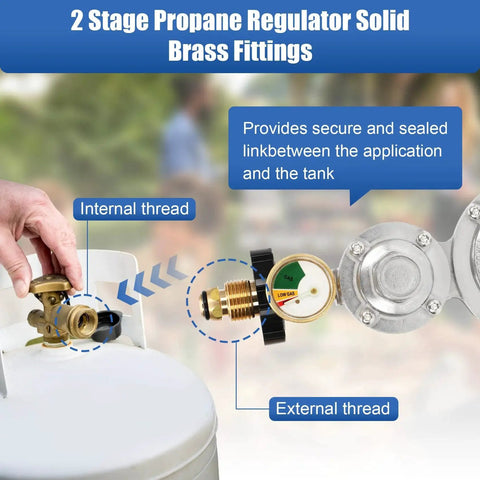 Top Rated Two Stage Propane Regulator With POL Gauge For 20 To 100 Lb Tanks, showing internal and external brass threads connection