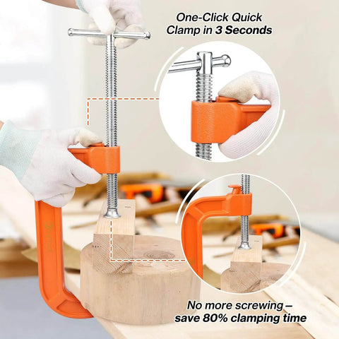 6 Inch Quick Release C Clamp With Button in use, gripping wood on a workbench, heavy duty 700kgf cast iron G clamp, orange color