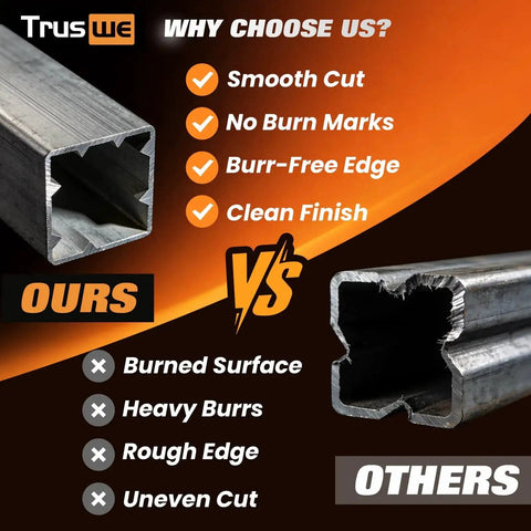 Comparison of metal cuts showing smooth, burr-free edges versus rough and uneven surfaces. Ours vs Others.
