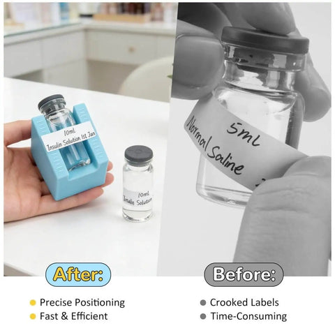 Two Pack Vial Label Applicators For 2ml 3ml And 5ml 10ml Vials Time Saving Handheld Sticker Alignment Tool For Lab And Home Organization Keeps Labels Straight And Centered Every Time No Vials Or Stickers Included, showing before and after use on vials.