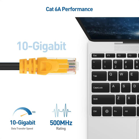 Close-up of 10Gbps Pure Copper Cat6A Ethernet Cable 24 AWG Direct Burial Outdoor Cable beside a laptop, highlighting 10-Gigabit speed.