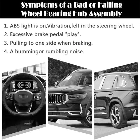 Symptoms of a bad or failing wheel bearing hub assembly infographic with car images and text on ABS light, brake pedal play, and noise.