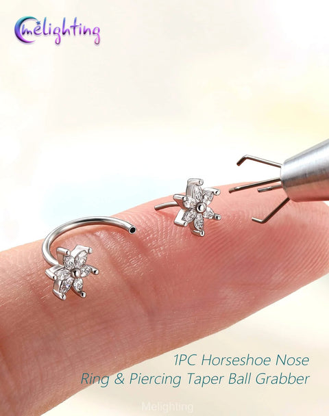 Must-Have Flower 20G Horseshoe Nose Ring Kit With Ball Grabber Tool And Double-Ended Push-Pin, 316L Stainless Steel CZ Clear Threadless