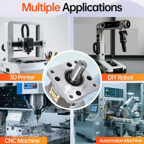 10 To 1 Planetary Gearbox For Nema 23 Stepper Motor With 31mm Input Shaft shown with 3D printer, CNC machine, DIY robot, automation machine