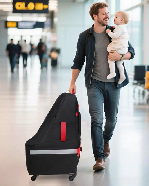 Travel Ready Car Seat Bag With Wheels For Air Travel, Padded Baby Carseat Backpack For Airport Gate Check in use near gate, black