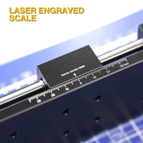 Close-up of Workhorse 75mm Manual Linear Stage with sliding table, rail guide, aluminum alloy frame, anti-backlash nut, ruler visible