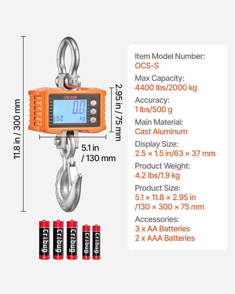 Beast Of A Digital Crane Scale With 4400 Lbs Capacity, Heavy Duty Industrial Hanging Scale Featuring Cast Aluminum Case