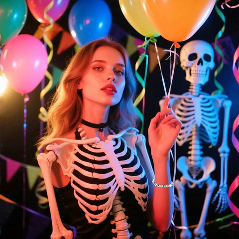 Woman in skeleton costume holding balloons with skull decoration, festive party setup with colorful lights and Halloween theme