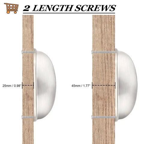 Side view of 5 Pack Brushed Nickel Cup Cabinet Pulls With 3 Inch Hole Centers, two screw lengths shown on wood panel