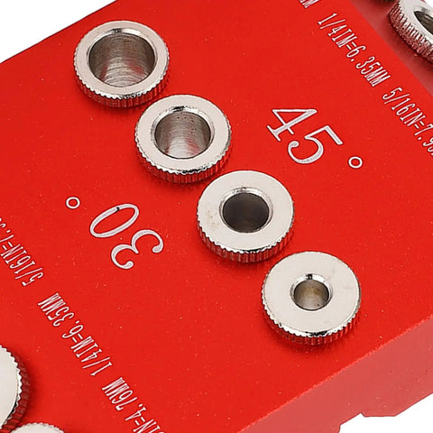 Close-up of Pro Grade 30 Degree 45 Degree 90 Degree Drill Guide For Woodworking With Steel Drill Sleeves Aluminum Alloy Hole Jig