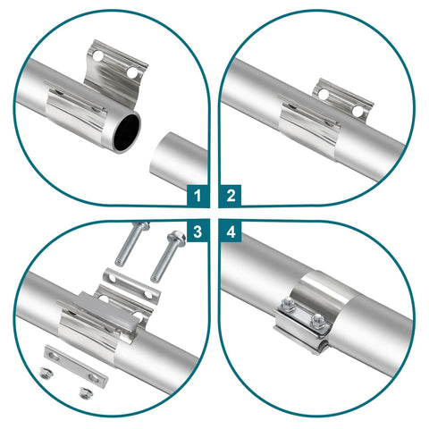 LWNWPPER exhaust clamp for 2.5 inch pipes, 304 stainless steel muffler band clamps, 2pc front, side and installed view