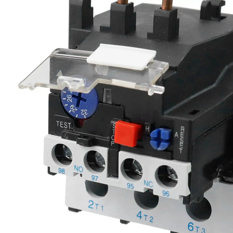 Close-up of a Thermal Overload Relay 23 to 32A For Electric Motors 690V Rated Insulation, showing terminals and reset button.