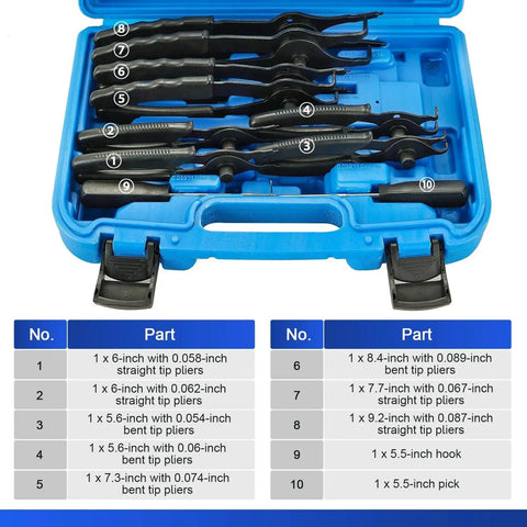 11 Piece Snap Ring Pliers Set With Straight And Bent Retaining Ring Pliers in case, .038 to .09 inch size range.