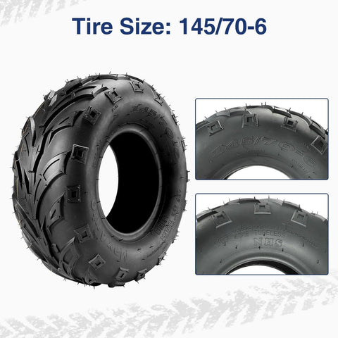 145/70-6 Tubeless ATV Tire Set Pack of 2 for Go Karts and Mini Bikes 4 Ply Rating, showing close-up tread and sidewall details