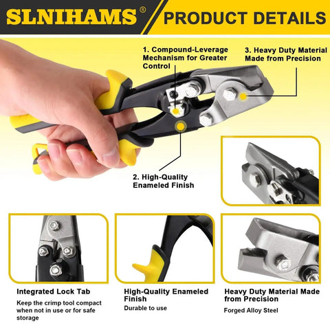 Snap Lock Punch Tool For Sheet Metal 9-Inch End Cap Crimper showcasing features like high-quality enamel finish and compound leverage mechanism.