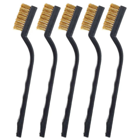 Five small wire brushes with curved handles for welding slag, rust deburring, and metal cleaning, part of a 10-piece set.