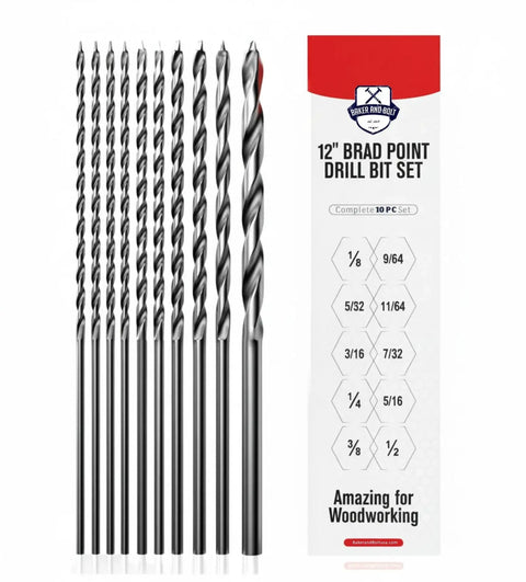 Extra Long 12 Inch Brad Point Drill Bit Set For Wood With Titanium Coated High Speed Steel Bits Pro Grade Pack Ten From One Eighth Inch To One Half Inch Includes Storage Sleeve For Deep Holes And Precision Woodworking. Image of 10 drill bits next to packaging displaying sizes.