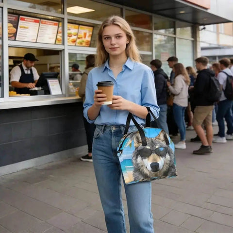 Woman holding a disposable coffee cup and an insulated lunch box tote cooler bag with leakproof design, standing outside a food stall.