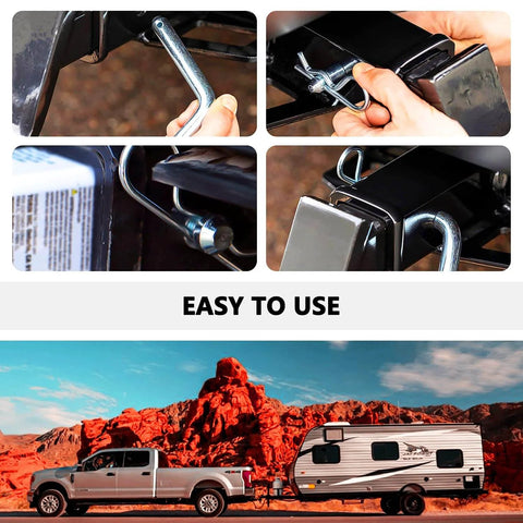 Heavy Duty Trailer Hitch Pin And Clip With Grooved Head, Five Eighths Inch Diameter, Angled One Hundred Five Degrees, Fits Two Inch And Two And A Half Inch Receiver Hitches, Rock Solid Latch For Easy Installation, shown in various views including use with truck and trailer