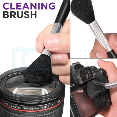 Camera Cleaning Kit With Air Blower And Lens Cleaner Spray For Canon Nikon Sony cleaning brush in use on lens and camera body.
