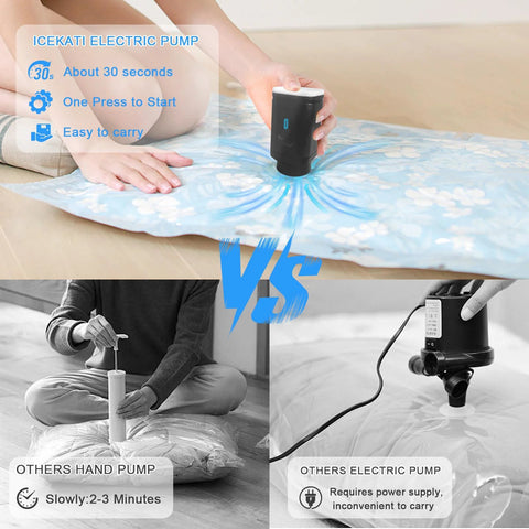 Amazon portable cordless electric vacuum pump for vacuum storage bags; black handheld device with blue indicator.
