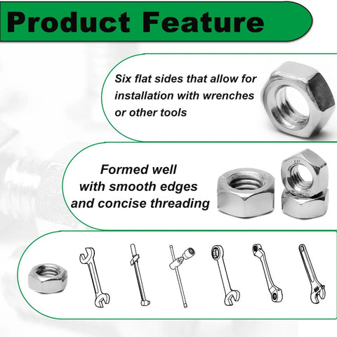 Beefy M8 Hex Nuts Set In 304 Stainless Steel Right Hand Thread M8 X 1.25 Pitch DIN934 Standard, showing hex shape and threading.