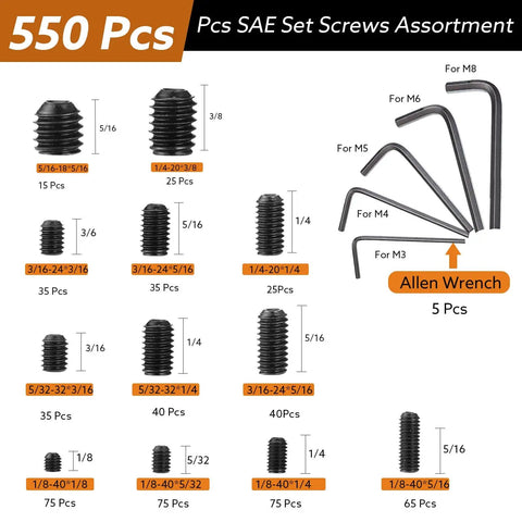 Pro Grade Set Screw Kit With 1400 Pieces In SAE And Metric Sizes 26 Size Assortment shown with screws and hex keys layout