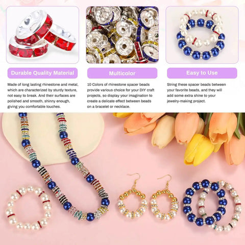 300 Pieces Rhinestone Spacer Beads Set In 10 Colors, 10mm Crystal Bead Spacers For DIY Jewelry, shown with necklaces and earrings.