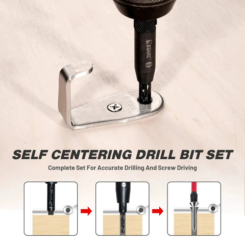 Close-up of Self Centering Drill Bit Set 14 Piece For Cabinet Hinges and Woodworking with guide in use on hinge.