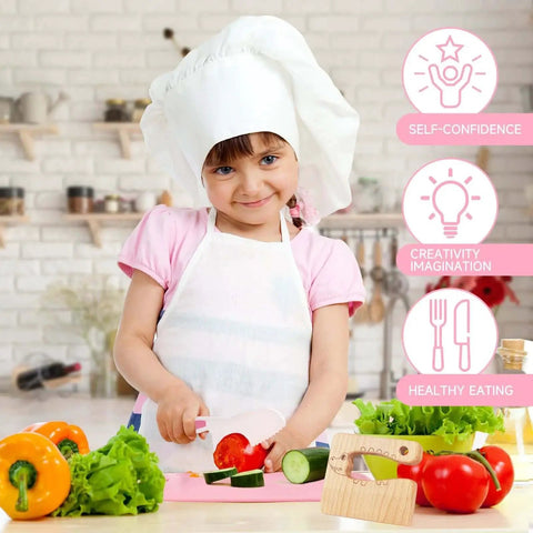 Toddler using Toddler Knife Set For Real Cooking Kid Safe Knives With Cutting Board Montessori Kitchen Toys Built For Safe Pretend Play And Early Learning Gift For Girls Ages 3 To 8 Year Old in kitchen setting.