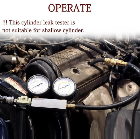 Dual Gauge Cylinder Leak Down Tester Kit Tu 21 connected to engine for diagnostics, showing gauge readings in automotive setting.