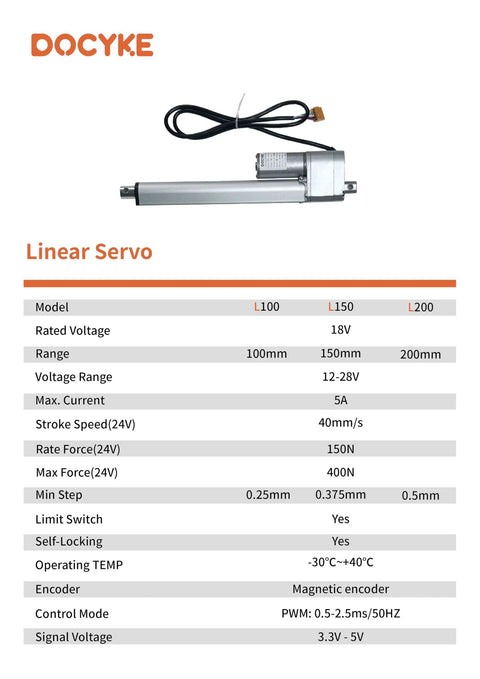 Digital Linear Servo Actuator Long Stroke 150mm For DIY Robots Home Automation And Arduino shown with specifications list