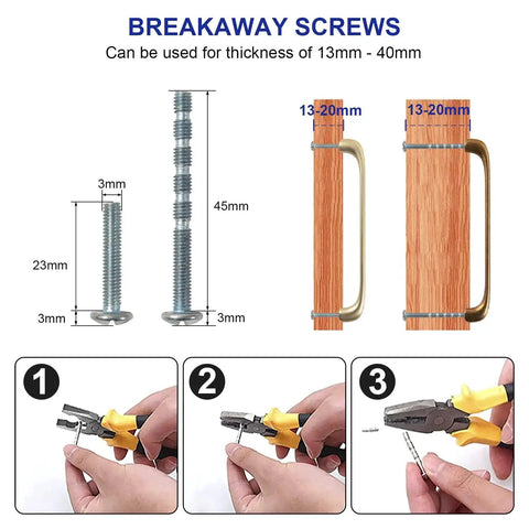 Installation guide for Antique Brass Cabinet Handles 3 Inch Center to Center Rustic Drawer Pulls 6 Pack with breakaway screws.