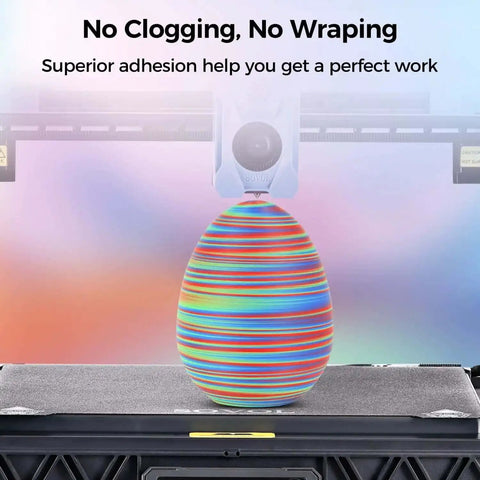 Rotated Tri Color Dope Coextruded PLA Filament 1.75mm 1kg 2.2lb Matte Finish Red Green Blue 3 In 1 Coextrusion For 3D Printing Color Shifts Every 50cm Premium Tolerance About 0.03mm showing smooth color transition on 3D printed egg.