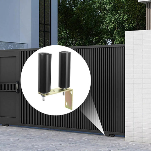 Six Inch Gate Roller Guide For Sliding Gates With L Bracket Universal Adjustable Heavy Duty Sliding Gate Rollers Black Gate Kit For Durable Smooth Operation And Versatile Gate Installation installed on a black gate