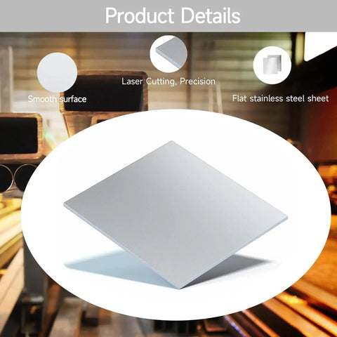 304 Stainless Steel Sheet Twelve By Twelve Inch One Eighth Inch Thick With Protective Film Durable Corrosion And Heat Resistant Metal Plate Ideal For Kitchen DIY Crafts Soldering Welding And Shim Stock Projects Everyday, shown with smooth surface and precision cut.