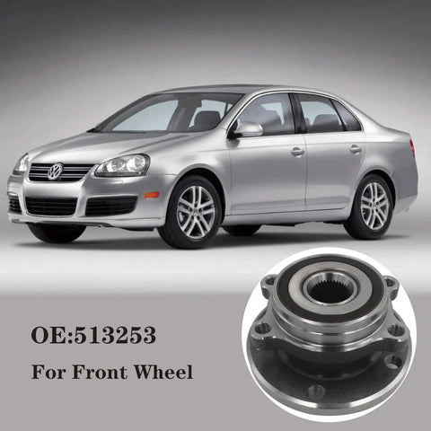 Front Wheel Bearing And Hub Assembly 513253 for Audi and VW with ABS Direct Fit, shown with a car and close-up view of the hub
