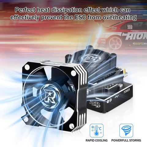 Boss 35mm RC Motor Cooling Fan, 21000 RPM, 8.4V Aluminum ESC Fan installed on RC car, black and silver aluminum design