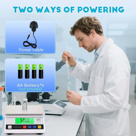 Top Notch Digital Lab Scale 10kg Capacity With 0.1g Precision in a laboratory setting, showing power cable and battery options.