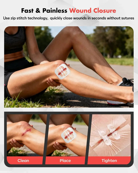 Demonstrating zip stitch wound closure for Ultimate 121 Piece First Aid Kit For Car Home And Travel With Zip Stitch Wound Closure And Molle Pack Pockets Emergency Survival Gear For Camping Hiking And Outdoor Adventures By Senvok.