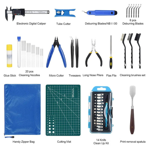 All In One 3D Printer Tools Kit With 55 Pieces For Post Processing Including Deburring Tool Caliper Art Knife Set Tube Cutter And Storage Bag Pro Grade For DIYers Cleaning Finishing And Maintaining Your Prints displayed with all components.