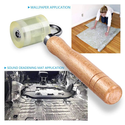 LUMITECO seam roller with wooden handle for wallpaper and sound-deadening mat installation; car interior use.