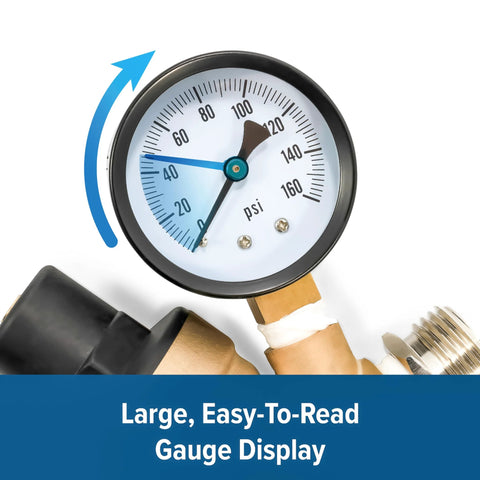 Camco adjustable RV/marine brass water pressure regulator with large gauge display and garden hose threads.