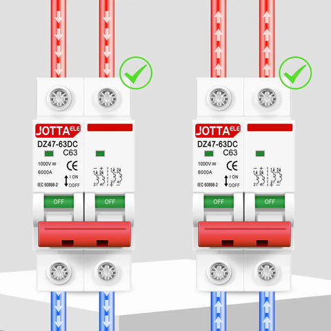 Two Solar Panel Disconnect Switch 2 Pole DC Circuit Breaker 63A Beefy Isolator For PV System 1000V Max, front view.