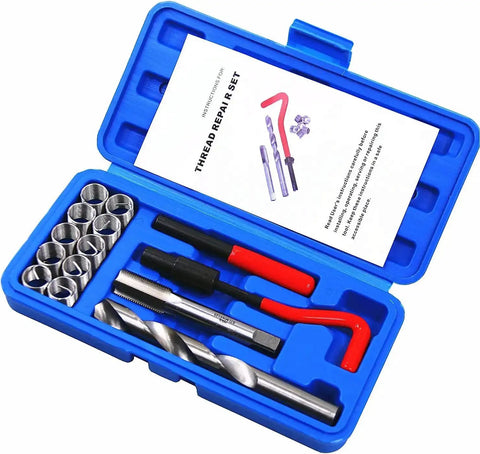 14 piece thread repair kit for M14 x 1.25mm threads with high speed steel inserts and red handle in a blue case