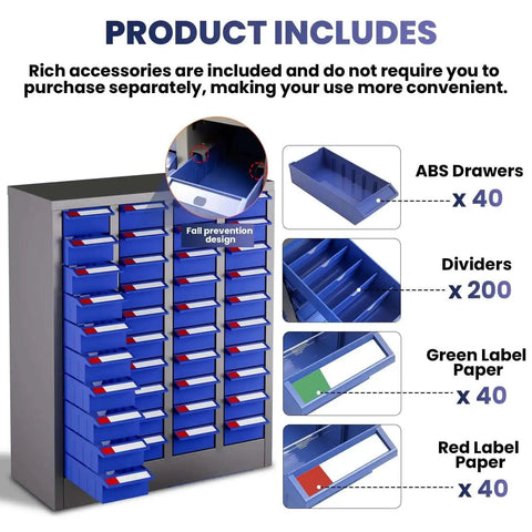 40 Drawer Nut And Bolt Organizer Cabinet With ABS Drawers And Acrylic Shelves And Label Stickers For Small Parts Storage